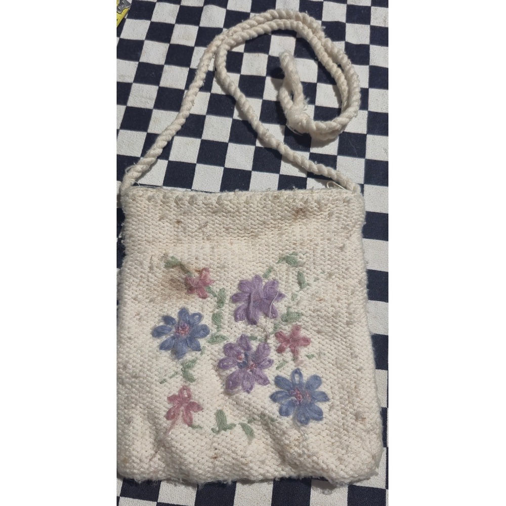 Vintage Floral Embroidered Knit Crossbody Bag Cream Boho‎ Cottagecore Pouch